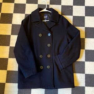 GAP Navy Blue Wool Blend Pea Coat/ M Anchor Buttons Double Breasted OUT ONLINE